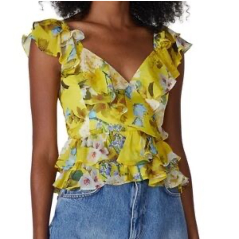 Marissa Webb Size 0 Yellow Floral Ruffle Top Feminine Romantic Spring Dainty